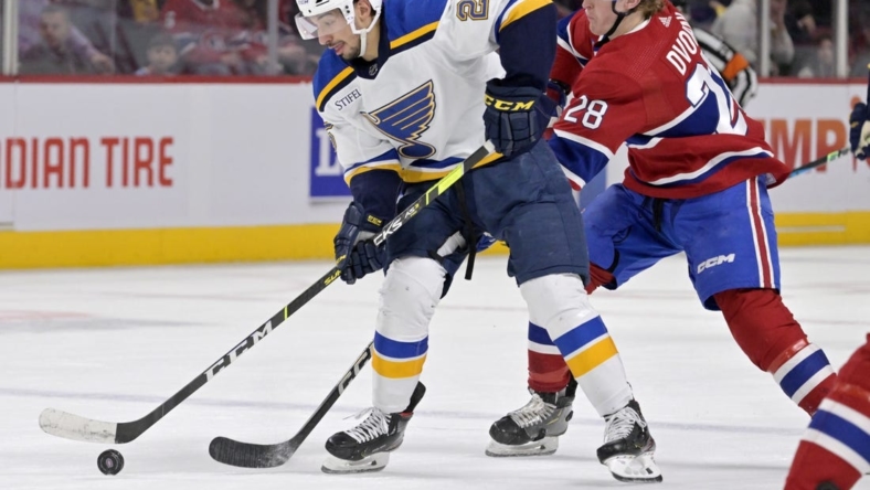 Jan 7, 2023; Montreal, Quebec, CAN; St. Louis Blues forward Jordan Kyrou (25) plays the puck against Montreal Canadiens forward Christian Dvorak (28) during the first period at the Bell Centre. Mandatory Credit: Eric Bolte-USA TODAY Sports
