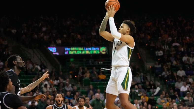 Jan 7, 2023; Waco, Texas, USA; Baylor Bears guard Keyonte George (1) scores a basket against the Kansas State Wildcats during the second half at Ferrell Center. Mandatory Credit: Chris Jones-USA TODAY Sports