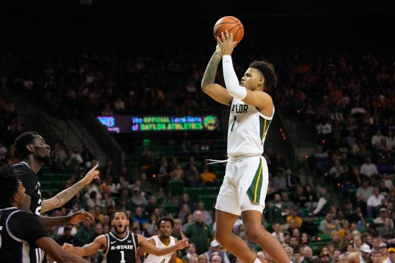 Jan 7, 2023; Waco, Texas, USA; Baylor Bears guard Keyonte George (1) scores a basket against the Kansas State Wildcats during the second half at Ferrell Center. Mandatory Credit: Chris Jones-USA TODAY Sports