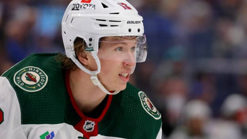 Jan 7, 2023; Buffalo, New York, USA;  Minnesota Wild left wing Matt Boldy (12) during the third period against the Buffalo Sabres at KeyBank Center. Mandatory Credit: Timothy T. Ludwig-USA TODAY Sports