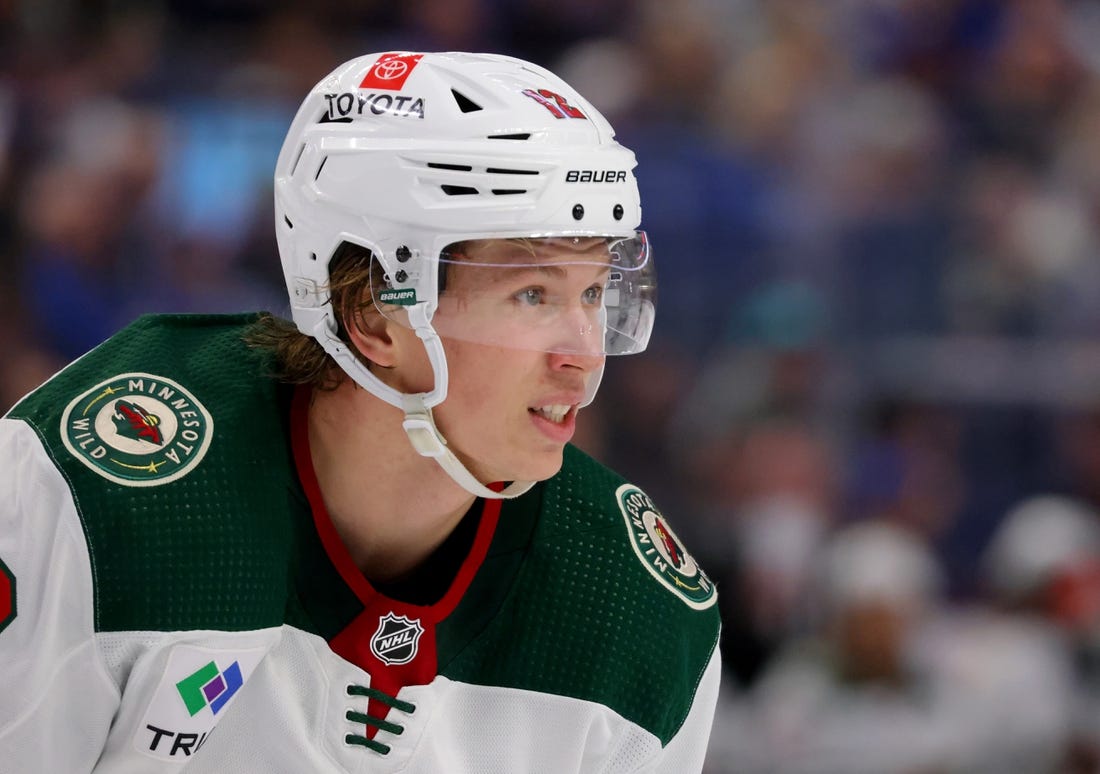 Jan 7, 2023; Buffalo, New York, USA;  Minnesota Wild left wing Matt Boldy (12) during the third period against the Buffalo Sabres at KeyBank Center. Mandatory Credit: Timothy T. Ludwig-USA TODAY Sports