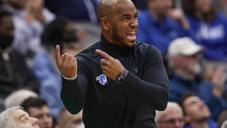 Jan 7, 2023; Newark, New Jersey, USA; Seton Hall Pirates head coach Shaheen Holloway reacts during the first half against the Butler Bulldogs at Prudential Center. Mandatory Credit: Vincent Carchietta-USA TODAY Sports