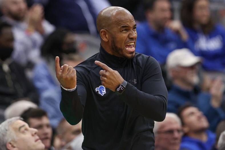 Jan 7, 2023; Newark, New Jersey, USA; Seton Hall Pirates head coach Shaheen Holloway reacts during the first half against the Butler Bulldogs at Prudential Center. Mandatory Credit: Vincent Carchietta-USA TODAY Sports