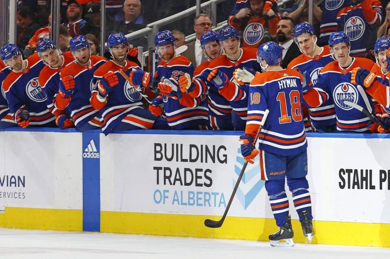 Jan 7, 2023; Edmonton, Alberta, CAN; The Edmonton Oilers celebrate after a goal by forward Zach Hyman (18) against the Colorado Avalanche during the first period at Rogers Place. Mandatory Credit: Perry Nelson-USA TODAY Sports