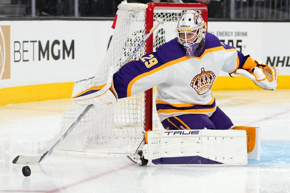 Jan 7, 2023; Las Vegas, Nevada, USA; Los Angeles Kings goaltender Pheonix Copley (29) redirects a Vegas Golden Knights shot during the second period at T-Mobile Arena. Mandatory Credit: Stephen R. Sylvanie-USA TODAY Sports