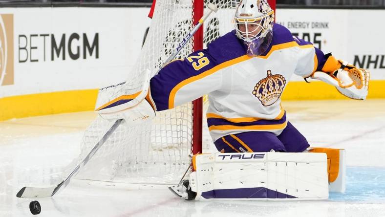 Jan 7, 2023; Las Vegas, Nevada, USA; Los Angeles Kings goaltender Pheonix Copley (29) redirects a Vegas Golden Knights shot during the second period at T-Mobile Arena. Mandatory Credit: Stephen R. Sylvanie-USA TODAY Sports