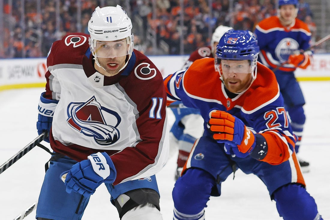 Jan 7, 2023; Edmonton, Alberta, CAN; Colorado Avalanche forward Andrew Cogliano (11) and Edmonton Oilers defensemen Brett Kulak (27) chase a loose puck during the second period at Rogers Place. Mandatory Credit: Perry Nelson-USA TODAY Sports