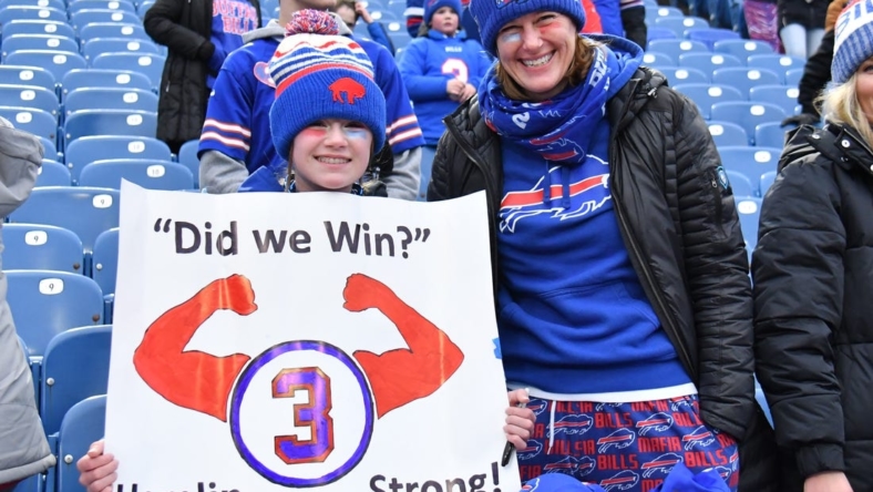 Jan 8, 2023; Orchard Park, New York, USA; Buffalo Bills fans show support for Damar Hamlin before a game against the New England Patriots at Highmark Stadium. Mandatory Credit: Mark Konezny-USA TODAY Sports