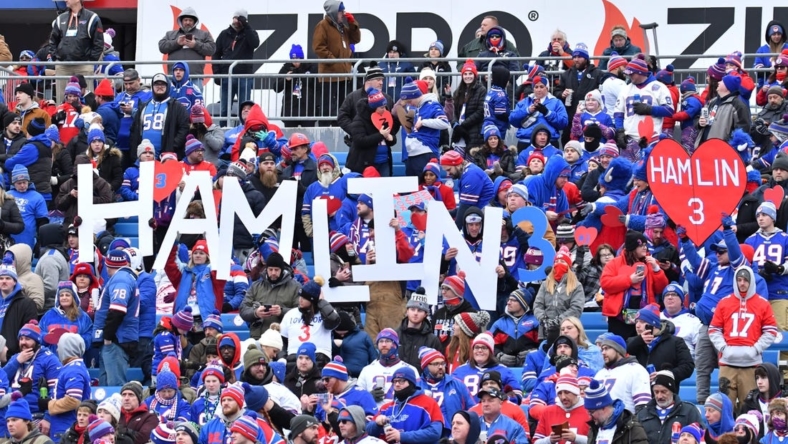 Jan 8, 2023; Orchard Park, New York, USA; Buffalo Bills fans show support for Damar Hamlin before a game against the New England Patriots at Highmark Stadium. Mandatory Credit: Mark Konezny-USA TODAY Sports