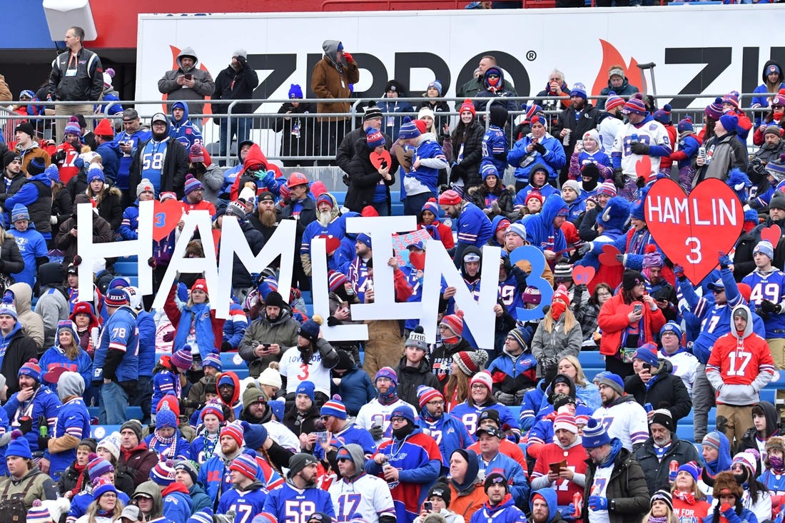 Jan 8, 2023; Orchard Park, New York, USA; Buffalo Bills fans show support for Damar Hamlin before a game against the New England Patriots at Highmark Stadium. Mandatory Credit: Mark Konezny-USA TODAY Sports