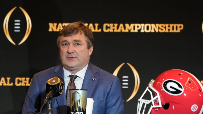 Jan 8, 2023; Los Angeles, CA, USA; Georgia Bulldogs coach Kirby Smart during the 2023 CFP National Championship head coaches press conference at the Los Angeles Airport Marriott. Mandatory Credit: Kirby Lee-USA TODAY Sports