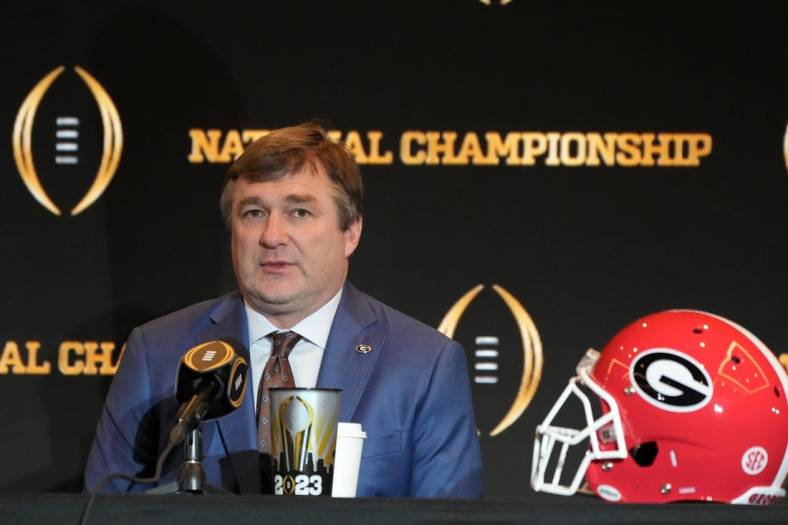 Jan 8, 2023; Los Angeles, CA, USA; Georgia Bulldogs coach Kirby Smart during the 2023 CFP National Championship head coaches press conference at the Los Angeles Airport Marriott. Mandatory Credit: Kirby Lee-USA TODAY Sports