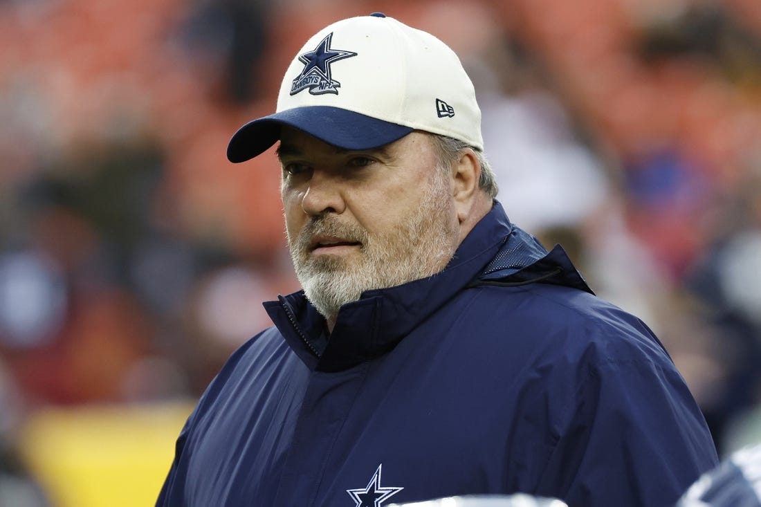 Jan 8, 2023; Landover, Maryland, USA; Dallas Cowboys head coach Mike McCarthy stands on the field during warmups prior to the Cowboys' game against the Washington Commanders at FedExField. Mandatory Credit: Geoff Burke-USA TODAY Sports