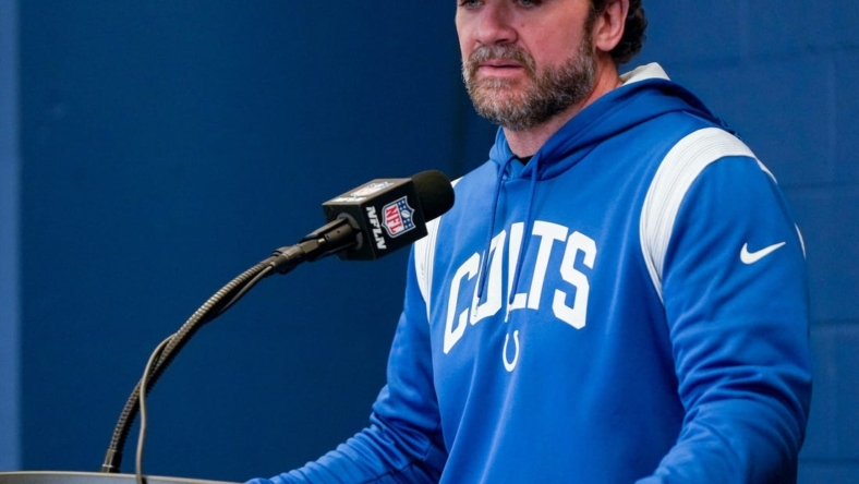 Indianapolis Colts interim head coach Jeff Saturday talks during a press conference Sunday, Jan. 8, 2023, after a game against the Houston Texans at Lucas Oil Stadium in Indianapolis.