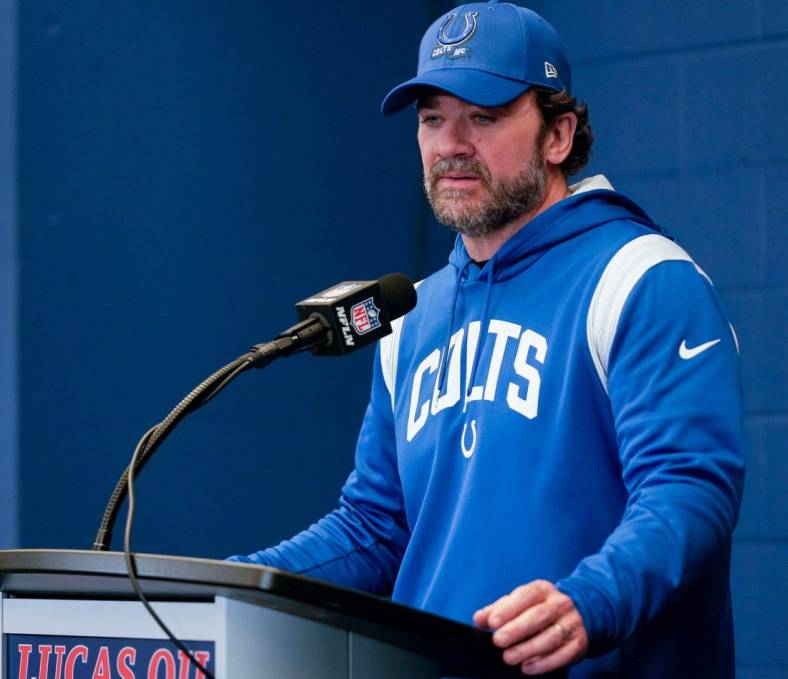 Indianapolis Colts interim head coach Jeff Saturday talks during a press conference Sunday, Jan. 8, 2023, after a game against the Houston Texans at Lucas Oil Stadium in Indianapolis.