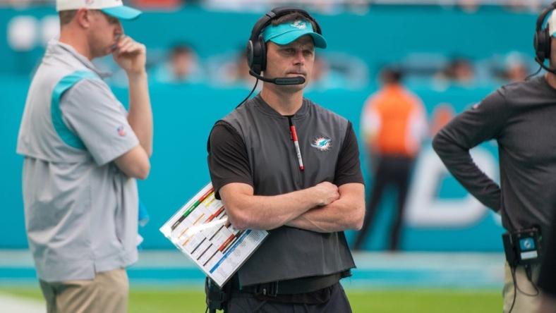Miami Dolphins defensive coordinator Josh Boyer is seen on the sidelines during the football game between the New York Jets and host Miami Dolphins at Hard Rock Stadium on Sunday, January 8, 2023, in Miami Gardens, FL.