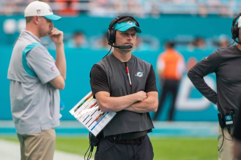 Miami Dolphins defensive coordinator Josh Boyer is seen on the sidelines during the football game between the New York Jets and host Miami Dolphins at Hard Rock Stadium on Sunday, January 8, 2023, in Miami Gardens, FL.