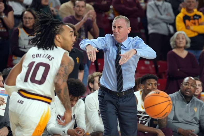 Jan 8, 2023; Tempe, Arizona, USA; Arizona State Sun Devils head coach Bobby Hurley reacts while Arizona State Sun Devils guard Frankie Collins (10) dribbles the ball against the Washington Huskies during the first half at Desert Financial Arena. Mandatory Credit: Joe Camporeale-USA TODAY Sports