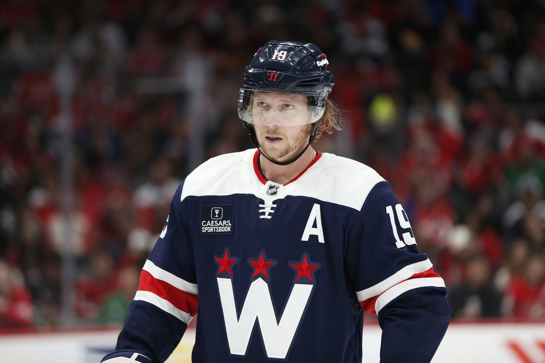 Jan 8, 2023; Washington, District of Columbia, USA; Washington Capitals center Nicklas Backstrom (19) looks on from the ice during a stoppage in play in the first period against the Columbus Blue Jackets at Capital One Arena. Mandatory Credit: Amber Searls-USA TODAY Sports