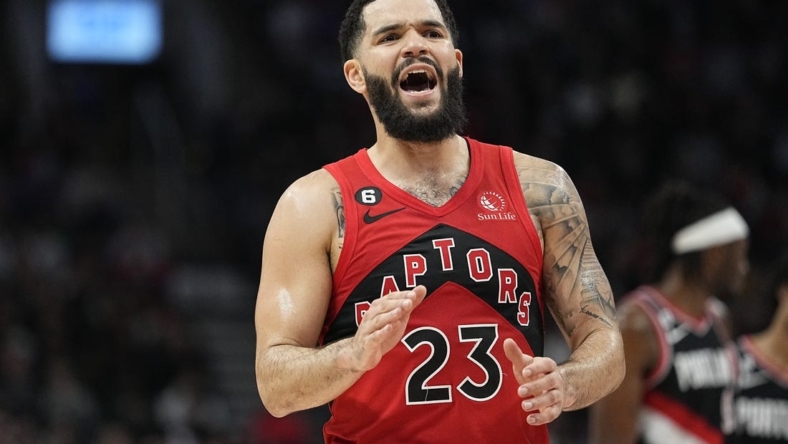 Jan 8, 2023; Toronto, Ontario, CAN; Toronto Raptors guard Fred VanVleet (23) calls out to a teammate during a break in the action against the Portland Trail Blazers during the second half at Scotiabank Arena. Mandatory Credit: John E. Sokolowski-USA TODAY Sports