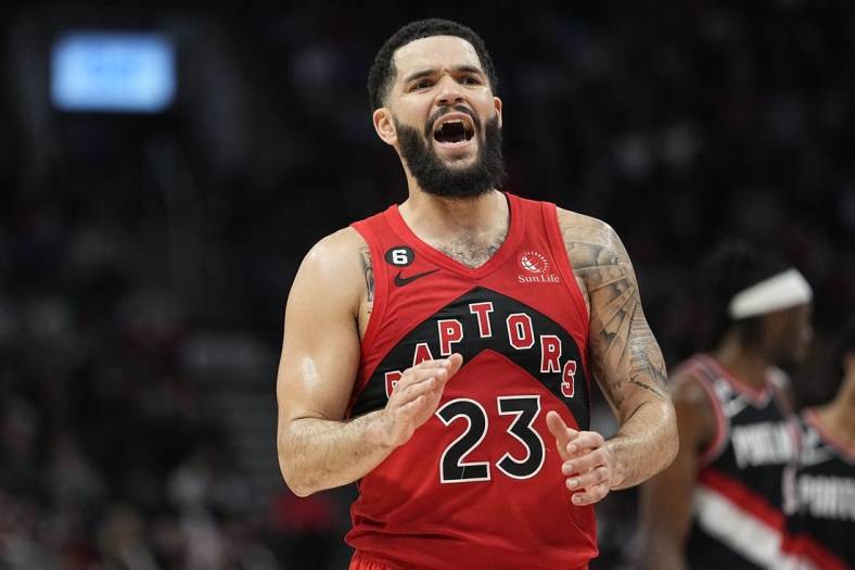 Jan 8, 2023; Toronto, Ontario, CAN; Toronto Raptors guard Fred VanVleet (23) calls out to a teammate during a break in the action against the Portland Trail Blazers during the second half at Scotiabank Arena. Mandatory Credit: John E. Sokolowski-USA TODAY Sports