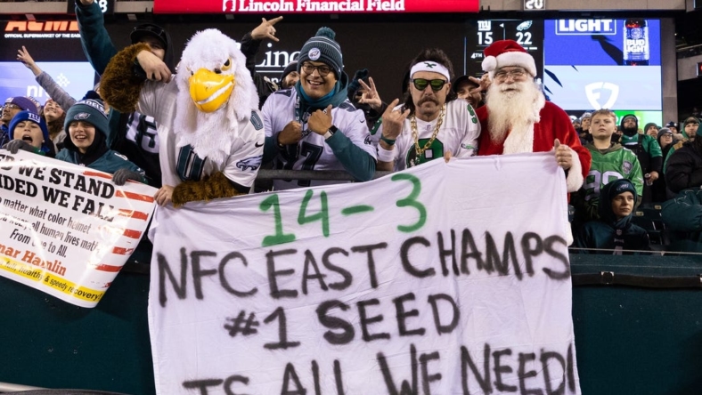 Jan 8, 2023; Philadelphia, Pennsylvania, USA; Philadelphia Eagles fans cheer on during the fourth quarter against the New York Giants at Lincoln Financial Field. Mandatory Credit: Bill Streicher-USA TODAY Sports