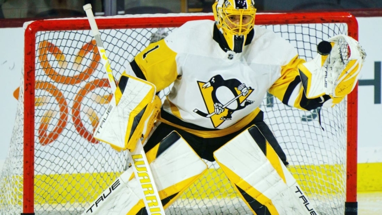 Jan 8, 2023; Tempe, Arizona, USA; Pittsburgh Penguins goalie Casey DeSmith (1) warms up prior before a game against the Arizona Coyotes at Mullett Arena. Mandatory Credit: Allan Henry-USA TODAY Sports