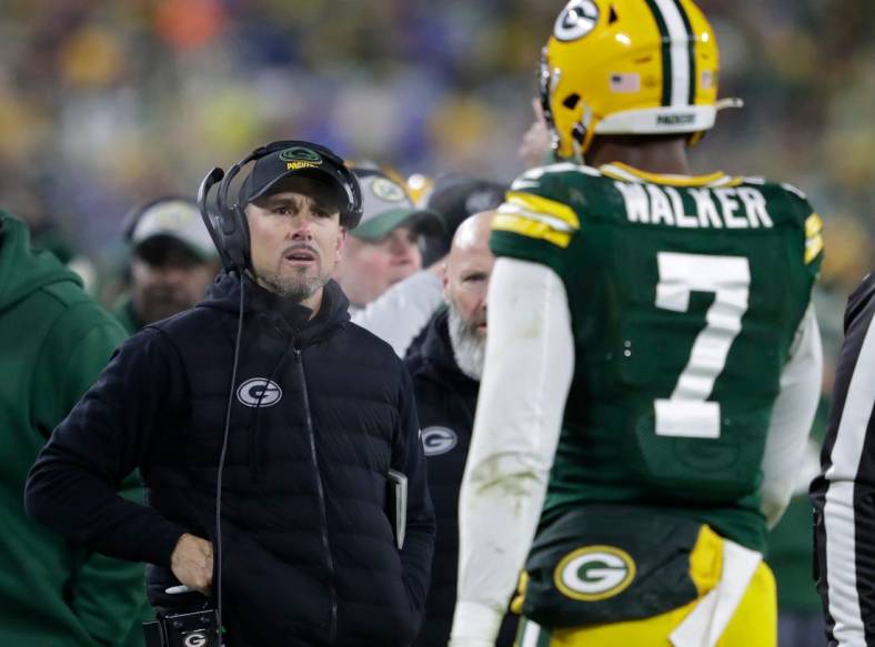 Green Bay Packers head coach Matt LaFleur approaches linebacker Quay Walker (7) after he was ejected from the game against the Detroit Lions during their football game Sunday, January 8, 2023, at Lambeau Field in Green Bay, Wis. Dan Powers/USA TODAY NETWORK-Wisconsin

Apc Packvsdetroit 0108231986djp