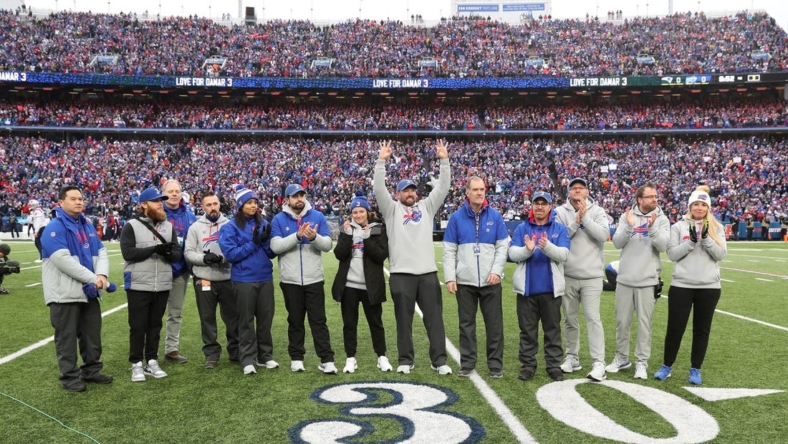 The Buffalo Bills medical staff and trainers are introduced before the game with the Patriots.  The medical staff is created with saving Bills player Damar Hamlin   s life by starting CPR so quickly after his injury on Cincinnati.

Ag3i6608