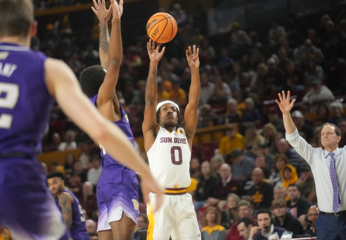 Jan 8, 2023; Tempe, Arizona, USA; Arizona State Sun Devils guard DJ Horne (0) shoots the ball against the Washington Huskies at Desert Financial Arena.

Basketball Wash Asu Mbb Washington At Arizona State