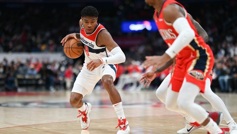 Jan 9, 2023; Washington, District of Columbia, USA;  Washington Wizards forward Rui Hachimura (8) makes a move to the basket during the first half against the New Orleans Pelicans at Capital One Arena. Mandatory Credit: Tommy Gilligan-USA TODAY Sports