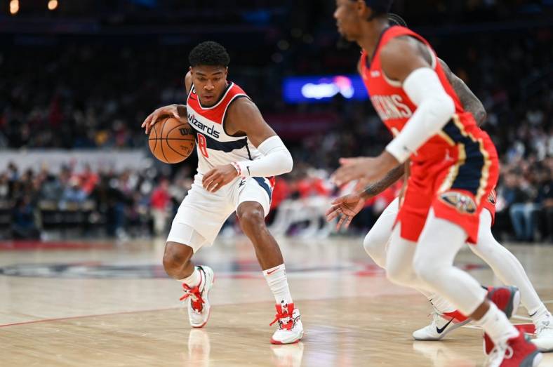 Jan 9, 2023; Washington, District of Columbia, USA;  Washington Wizards forward Rui Hachimura (8) makes a move to the basket during the first half against the New Orleans Pelicans at Capital One Arena. Mandatory Credit: Tommy Gilligan-USA TODAY Sports