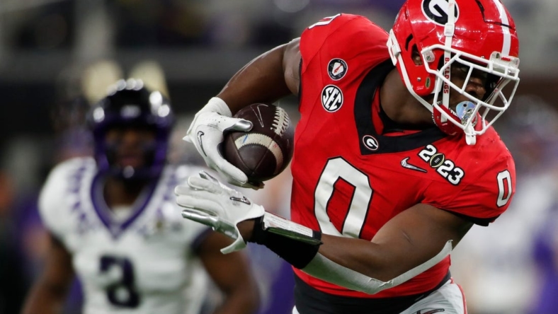 Georgia tight end Darnell Washington (0) makes a catch during the second half of the NCAA College Football National Championship game between TCU and Georgia on Monday, Jan. 9, 2023, in Inglewood, Calif.

News Joshua L Jones