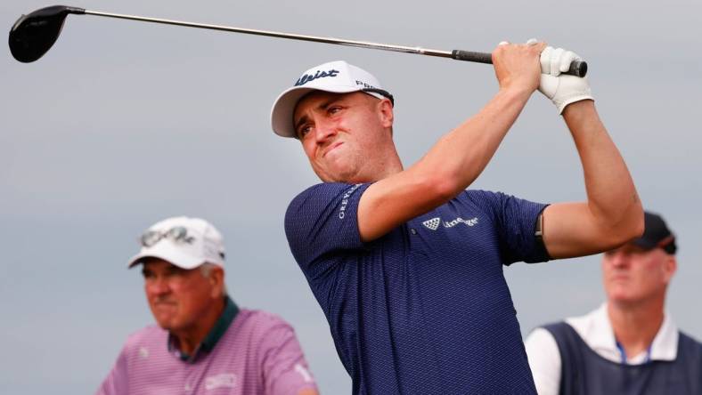 Dec 17, 2022; Orlando, Florida, USA;  Justin Thomas hits his drive on the tenth hole during the first round of the PNC Championship golf tournament at Ritz Carlton Golf Club Grande Lakes Orlando Course. Mandatory Credit: Reinhold Matay-USA TODAY Sports