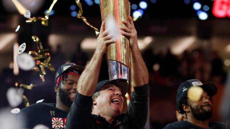 Georgia coach Kirby Smart celebrates after winning the NCAA College Football National Championship game between TCU and Georgia on Monday, Jan. 9, 2023, in Inglewood, Calif. Georgia won 65-7.

News Joshua L Jones

Syndication Online Athens