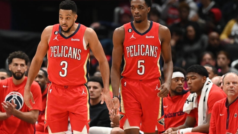 Jan 9, 2023; Washington, District of Columbia, USA;  New Orleans Pelicans guard CJ McCollum (3) and forward Herbert Jones (5) during the game against the Washington Wizards at Capital One Arena. Mandatory Credit: Tommy Gilligan-USA TODAY Sports