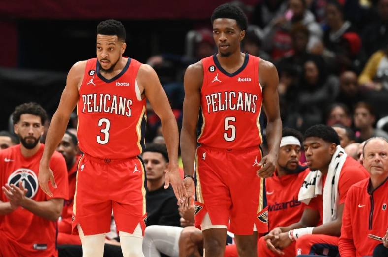 Jan 9, 2023; Washington, District of Columbia, USA;  New Orleans Pelicans guard CJ McCollum (3) and forward Herbert Jones (5) during the game against the Washington Wizards at Capital One Arena. Mandatory Credit: Tommy Gilligan-USA TODAY Sports