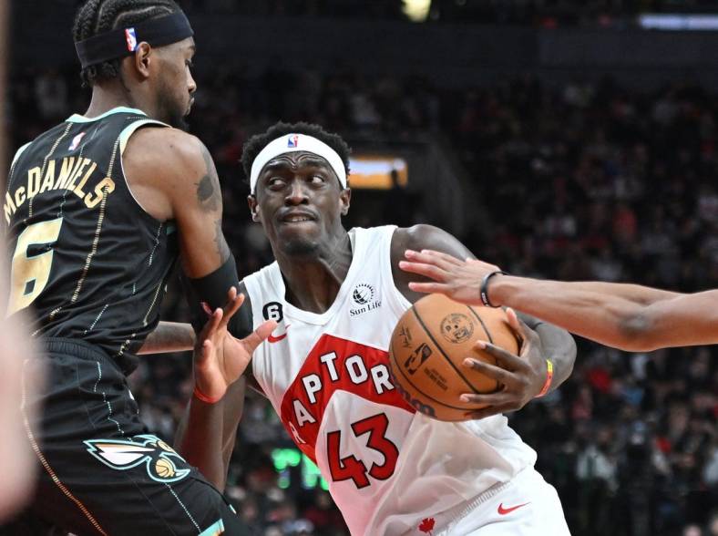 Jan 10, 2023; Toronto, Ontario, CAN;  Toronto Raptors forward Pascal Siakam (43) drives to the basket against Charlotte Hornets forward Jalen McDaniels (6) in the second half at Scotiabank Arena. Mandatory Credit: Dan Hamilton-USA TODAY Sports