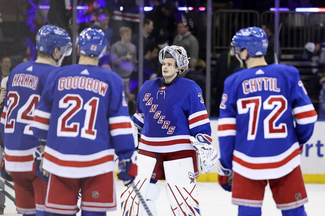 Jan 10, 2023; New York, New York, USA; New York Rangers goaltender Igor Shesterkin (31) looks on after the New York Rangers defeat the Minnesota Wild at Madison Square Garden. Mandatory Credit: Jessica Alcheh-USA TODAY Sports