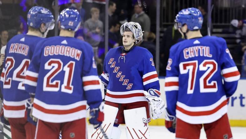 Jan 10, 2023; New York, New York, USA; New York Rangers goaltender Igor Shesterkin (31) looks on after the New York Rangers defeat the Minnesota Wild at Madison Square Garden. Mandatory Credit: Jessica Alcheh-USA TODAY Sports