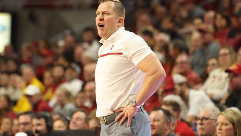 Jan 10, 2023; Ames, Iowa, USA; Iowa State Cyclones head coach T. J. Otzelberger watches his team play the Texas Tech Red Raiders at James H. Hilton Coliseum.The Cyclones beat the Red Raiders 84 to 50.  Mandatory Credit: Reese Strickland-USA TODAY Sports