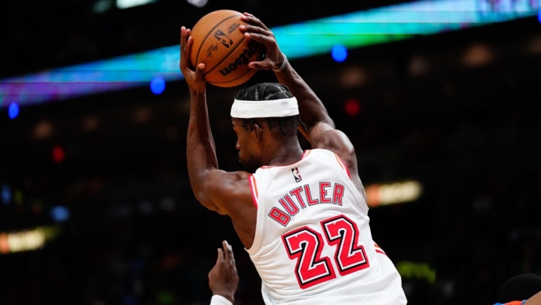 Jan 10, 2023; Miami, Florida, USA; Miami Heat forward Jimmy Butler (22) catches a round against the Oklahoma City Thunder during the second half at FTX Arena. Mandatory Credit: Rich Storry-USA TODAY Sports