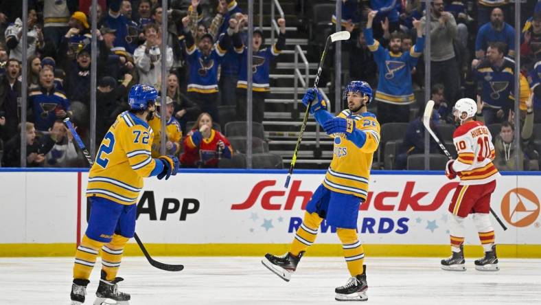 Jan 10, 2023; St. Louis, Missouri, USA;  St. Louis Blues center Jordan Kyrou (25) reacts after scoring the game tying goal against the Calgary Flames during the third period at Enterprise Center. Mandatory Credit: Jeff Curry-USA TODAY Sports