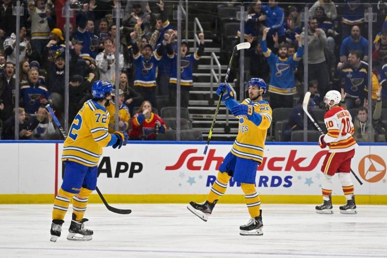 Jan 10, 2023; St. Louis, Missouri, USA;  St. Louis Blues center Jordan Kyrou (25) reacts after scoring the game tying goal against the Calgary Flames during the third period at Enterprise Center. Mandatory Credit: Jeff Curry-USA TODAY Sports