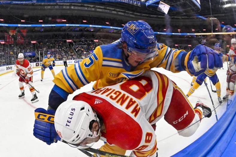 Jan 10, 2023; St. Louis, Missouri, USA;  St. Louis Blues defenseman Tyler Tucker (75) defends against Calgary Flames left wing Andrew Mangiapane (88) during the third period at Enterprise Center. Mandatory Credit: Jeff Curry-USA TODAY Sports