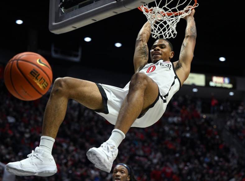 Jan 10, 2023; San Diego, California, USA; San Diego State Aztecs forward Keshad Johnson (0) dunks the ball during the first half against the Nevada Wolf Pack at Viejas Arena. Mandatory Credit: Orlando Ramirez-USA TODAY Sports