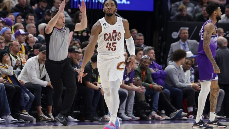 Jan 10, 2023; Salt Lake City, Utah, USA;  Cleveland Cavaliers guard Donovan Mitchell (45) celebrates after scoring a three point basket against the Utah Jazz during the fourth quarter at Vivint Arena. Mandatory Credit: Chris Nicoll-USA TODAY Sports