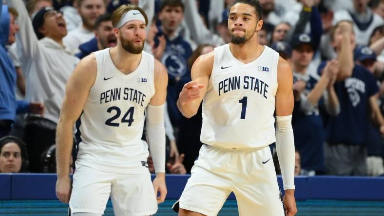 Jan 11, 2023; University Park, Pennsylvania, USA; Penn State Nittany Lions guard Seth Lundy (1) reacts to a play as forward Michael Henn (24) looks on against the Indiana Hoosiers during the first half at the Bryce Jordan Center. Mandatory Credit: Rich Barnes-USA TODAY Sports