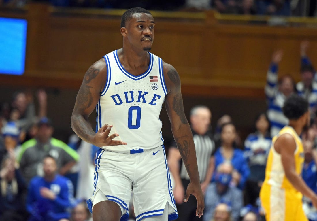 Jan 11, 2023; Durham, North Carolina, USA; Duke Blue Devils forward Dariq Whitehead(0) reacts after hitting a three-pointer during the first half against the Pittsburgh Panthers at Cameron Indoor Stadium. Mandatory Credit: Rob Kinnan-USA TODAY Sports