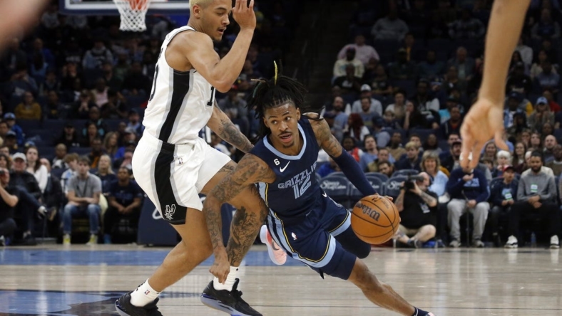 Jan 11, 2023; Memphis, Tennessee, USA; Memphis Grizzlies guard Ja Morant (12) drives to the basket as San Antonio Spurs forward Jeremy Sochan (10) defends during the first half at FedExForum. Mandatory Credit: Petre Thomas-USA TODAY Sports